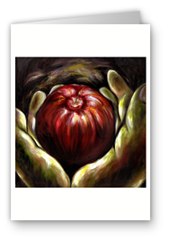 greeting card, artistic greeting card, stylish greeting car, birthday card, valentine card, christmas card, fine art greeting card, gift idea, unique greeting card, artist original greeting card, gift card, cool gift card,figurative painting, Adam's dilemma, holding apple, apple painting, Adam and Eve, temptation, green and red painting, the garden of eden