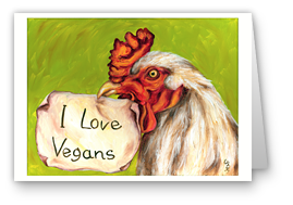 greeting card, artistic greeting card, stylish greeting car, birthday card, valentine card, christmas card, fine art greeting card, gift idea, unique greeting card, artist original greeting card, gift card, cool gift card,  funny card, funny gift card, humorous gift card,rooster, vegan, joke about vegertarian, vegetarian, vegan, bird, food 