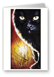 greeting card, artistic greeting card, stylish greeting car, birthday card, valentine card, christmas card, fine art greeting card, gift idea, unique greeting card, artist original greeting card, gift card, cool gift card,cat painting, black cat painting, sunset painting, mysterious painting, cat art, fire flame, sun, emotion, inspiring painting, animal painting, unique cat painting, fantasy painting