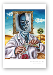 post card, artistic post card, stylish greeting car, birthday card, valentine card, christmas card, fine art post card, gift idea, unique post card, artist original post card, gift card, cool gift card,  funny card, funny gift card, humorous gift card, mask, desert, scientist, tears, mirror, clouds, chemistry, communication, figurative art painting, relation 