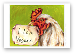 post card, artistic post card, stylish greeting car, birthday card, valentine card, christmas card, fine art post card, gift idea, unique post card, artist original post card, gift card, cool gift card,  funny card, funny gift card, humorous gift card,rooster, vegan, joke about vegertarian, vegetarian, vegan, bird, food 