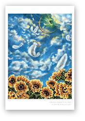 post card, artistic post card, stylish greeting car, birthday card, valentine card, christmas card, fine art post card, gift idea, unique post card, artist original post card, gift card, cool gift card, feathers are falling from a door angel forgot to close, angel painting, fantasy artwork, fantasy painting, sun flower and blue sky painting, fantasy surrealism painting, rainbow, angel, feather, blue sky, sun flower