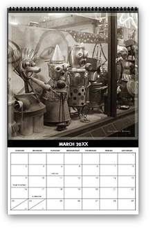 cool photography calendar, cool calendar, black and white calendar, black and white photography calendar, sepia photography, best selling calendar, artistic calendar, San Francisco calendar, berkeley, shop window, tin robots