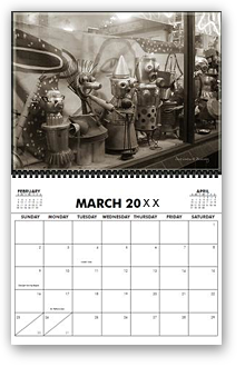 cool photography calendar, cool calendar, black and white calendar, black and white photography calendar, sepia photography, best selling calendar, artistic calendar, San Francisco calendar, berkeley, shop window, tin robots